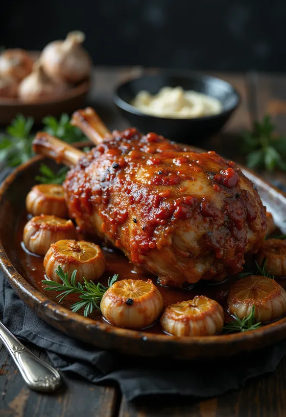 Roasted lamb with ajvar served with potatoes