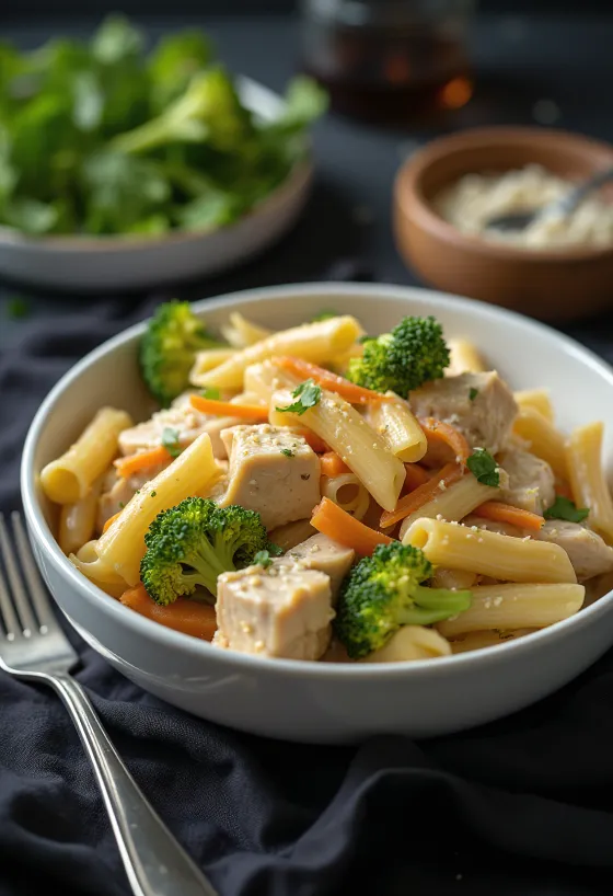 Creamy chicken and vegetable pasta served hot
