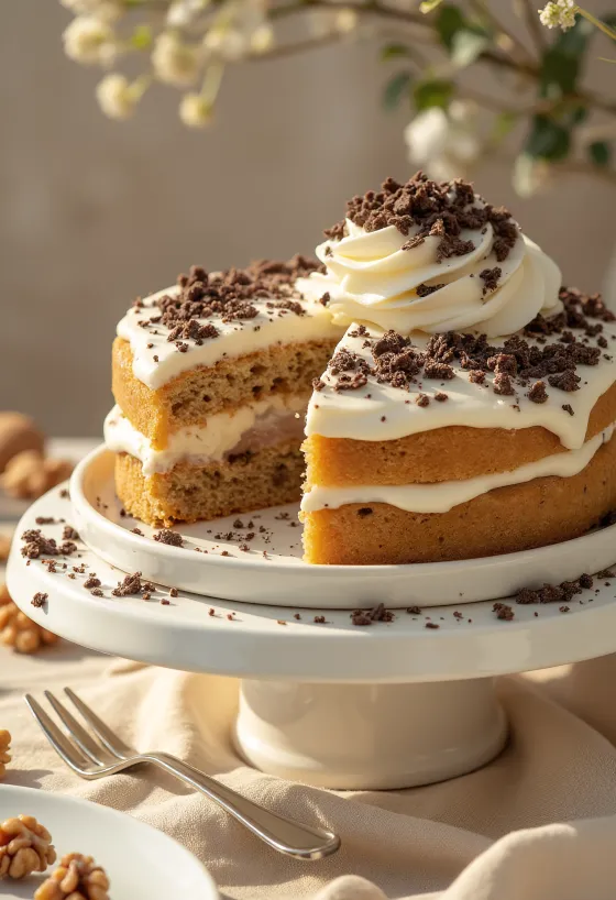 Chestnut walnut cake with rich cream and nuts