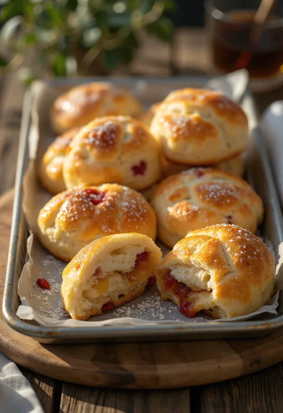 Soft yeast buns filled with jam and dusted with powdered sugar, served on a tray.