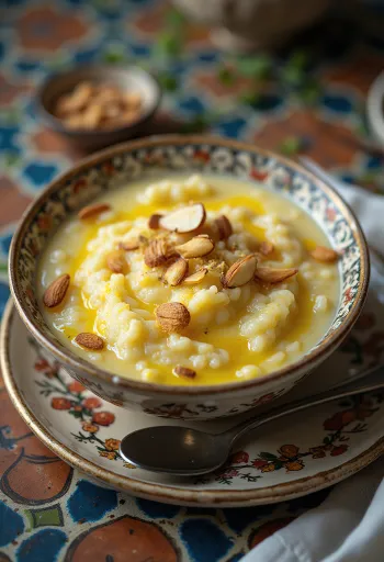Saffron and Almond Kheer served in a bowl, garnished with nuts