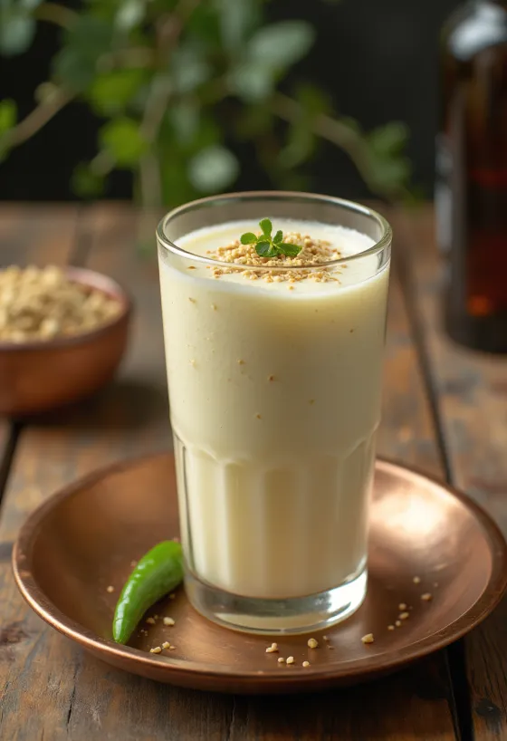 Spiced Masala Lassi yogurt drink garnished with fresh cilantro