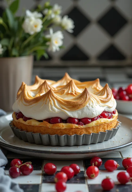 Red currant meringue cake served