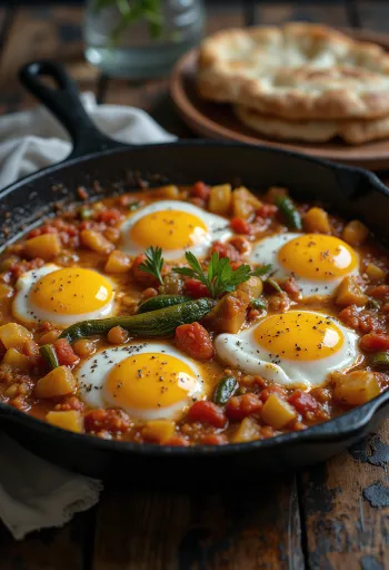Spicy Shakshuka with eggs and vegetables.