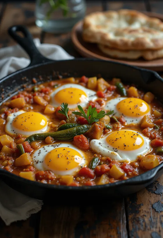 Spicy Shakshuka with eggs and vegetables.