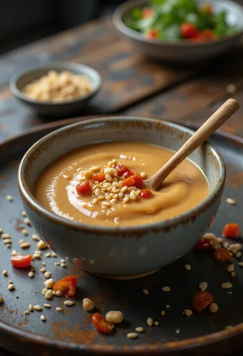 Spicy peanut sesame sauce served with spring rolls