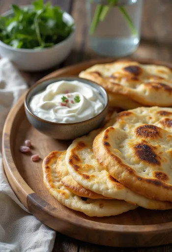 Fresh Swedish Tunnbröd served with yogurt and sour cream dip