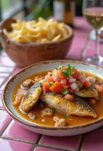 Bowl of Brazilian fish stew with coconut milk, topped with fresh salsa