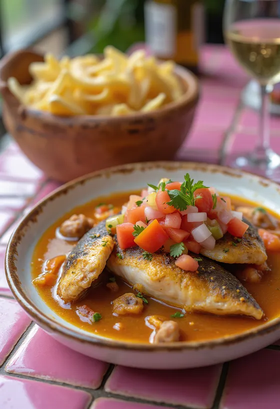 Bowl of Brazilian fish stew with coconut milk, topped with fresh salsa