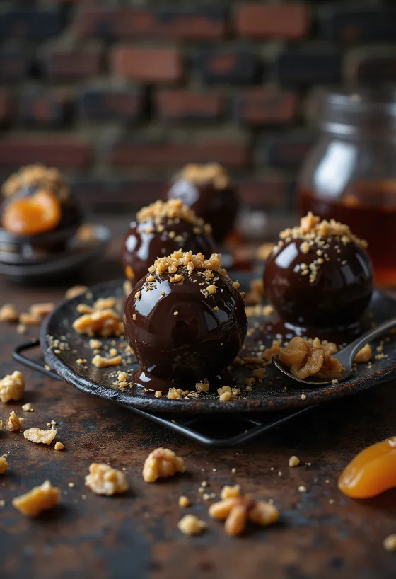 Chocolate coated walnut apricot balls