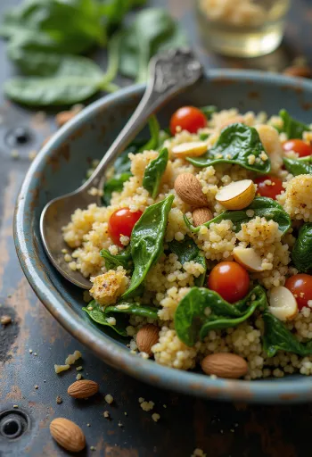 Garlic quinoa salad with spinach and almonds