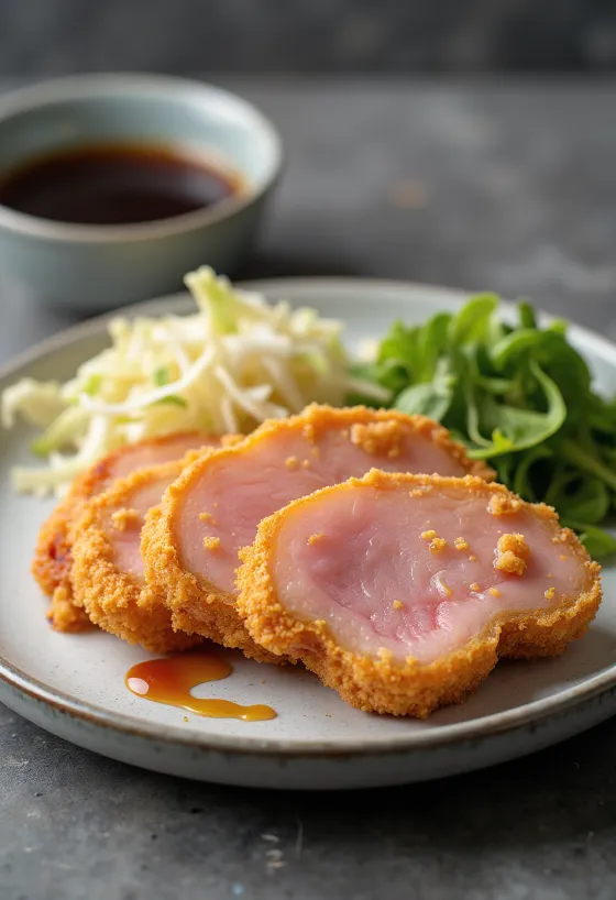 Ham Katsu, thick slices of breaded fried ham with tonkatsu sauce