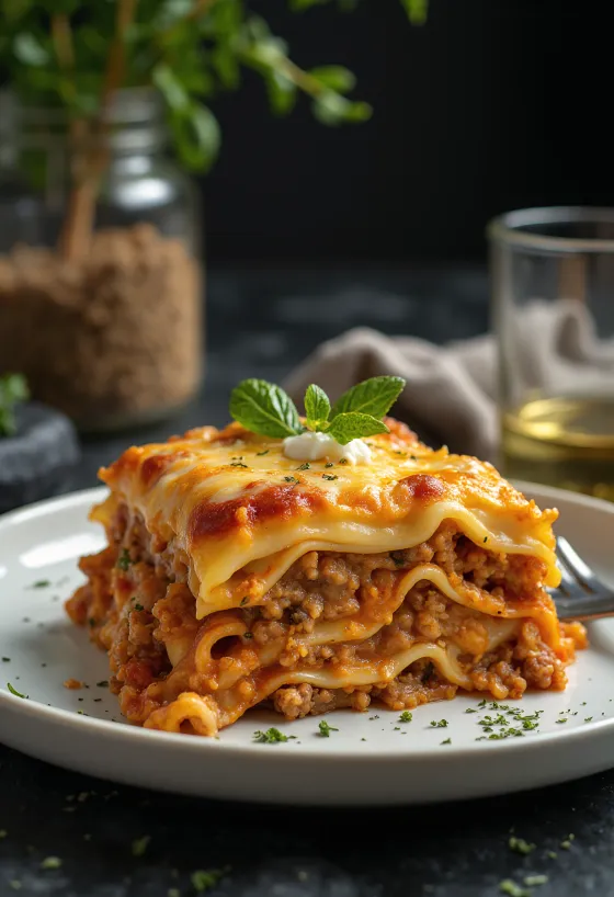 Classic Lasagna layered with juicy tomato beef ragu and creamy béchamel sauce.