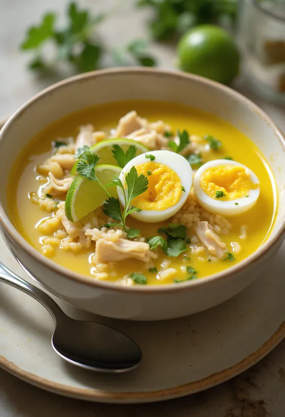Soto Ayam with lime wedges and egg