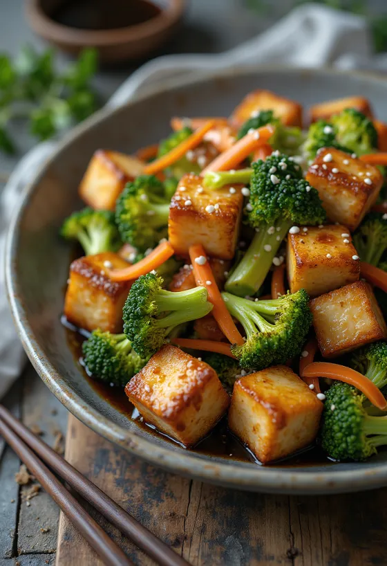 Fried tofu with broccoli salad served in a bowl