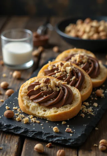 Sliced Turrón topped with Nutella cream and crushed hazelnuts
