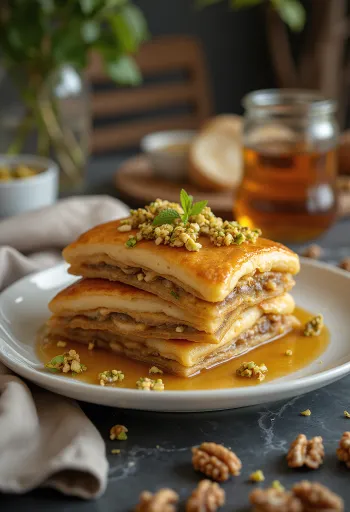 Baklava style pancakes stacked with nuts and honey