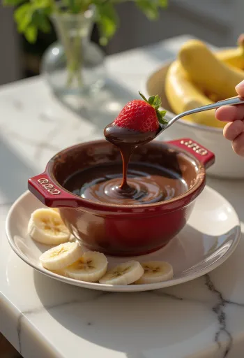 Hot chocolate fondue served with fresh fruit and sponge cake bites.