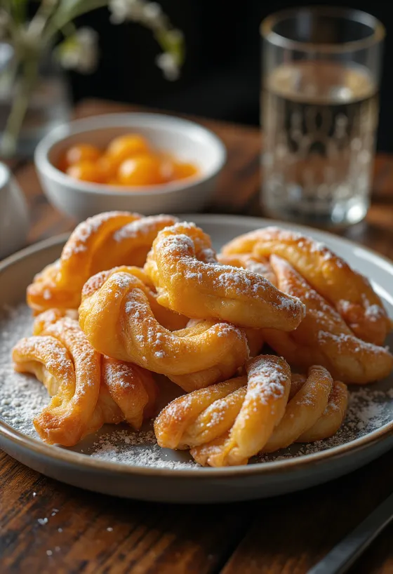Angel wing pastries dusted with powdered sugar and served with jam