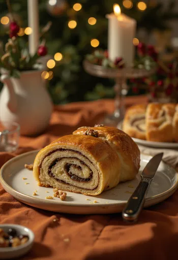 Freshly baked walnut roll slices.