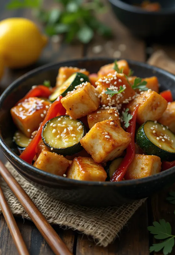 Garlic tofu stir-fry in a wok