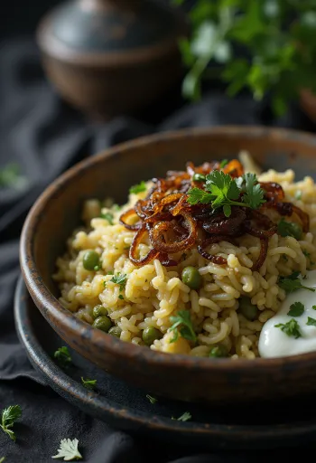 Mujaddara served with green lentils, crispy onions, and fresh cilantro