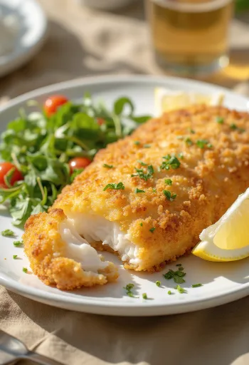 Crispy fried fish fillet baked golden brown, served with fresh lemon slices and vegetables.