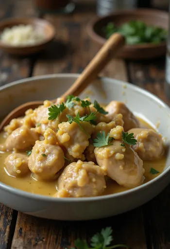 Cold Satsivi chicken in walnut sauce garnished with cilantro