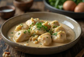 Cold Satsivi chicken in walnut sauce garnished with cilantro