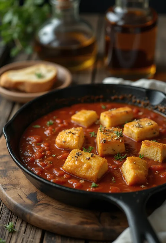 Fried tofu in spicy tomato sauce served in a bowl