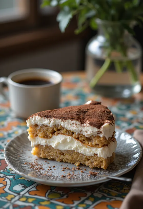 Creamy tiramisu cake with layered coffee-soaked ladyfingers and mascarpone cream, dusted with cocoa powder.