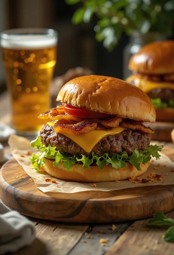 House Burger with crispy pancetta and grilled onions