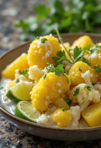 Creamy Coconut Aloo Gobi garnished with cilantro