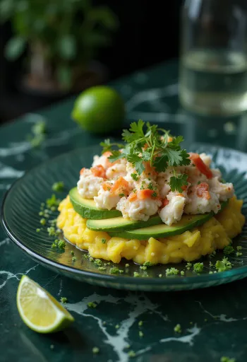Layered Peruvian potato tower with crab and avocado