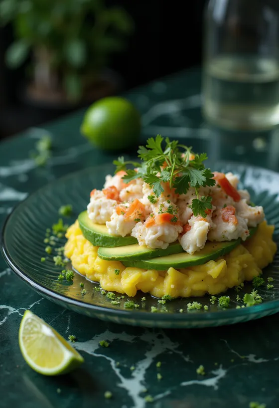 Layered Peruvian potato tower with crab and avocado