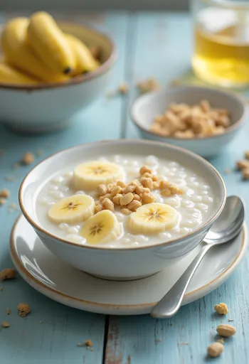 Bowl of creamy Chè Chuối banana coconut pudding with tapioca pearls