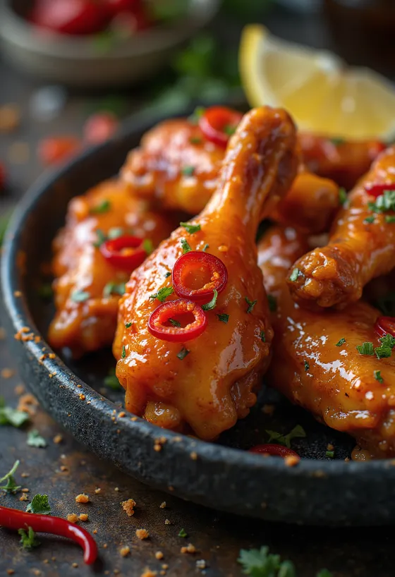 Sweet and spicy chicken wings served