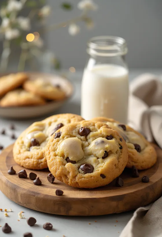 Freshly baked chocolate chip cookies with crispy edges and soft centers