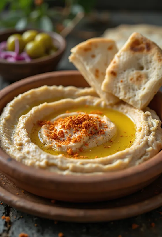 Silky smooth hummus drizzled with olive oil and served with warm pita bread.
