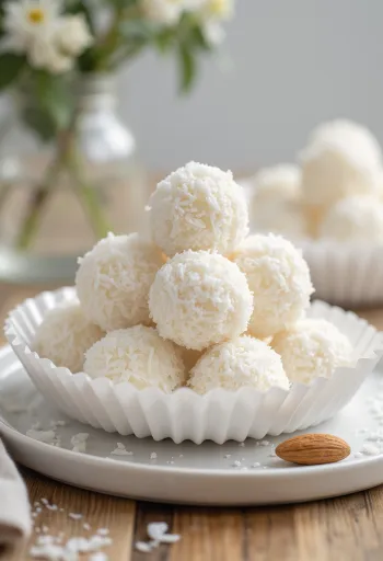 Homemade Raffaello balls rolled in coconut