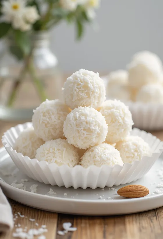 Homemade Raffaello balls rolled in coconut