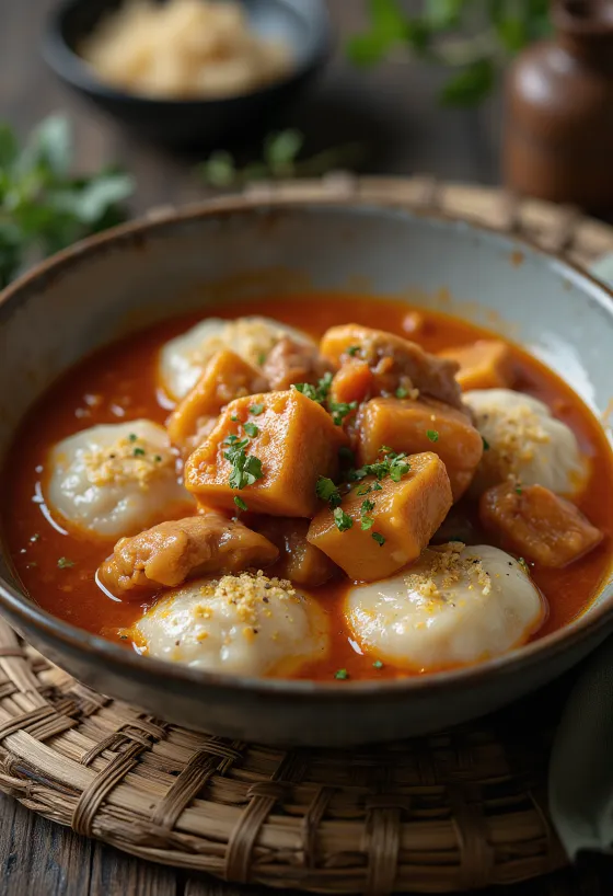 Pork stew served with sheep cheese dumplings