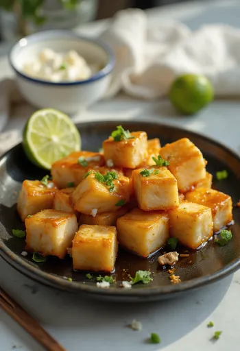 Golden baked tofu cubes with sesame seeds and lime