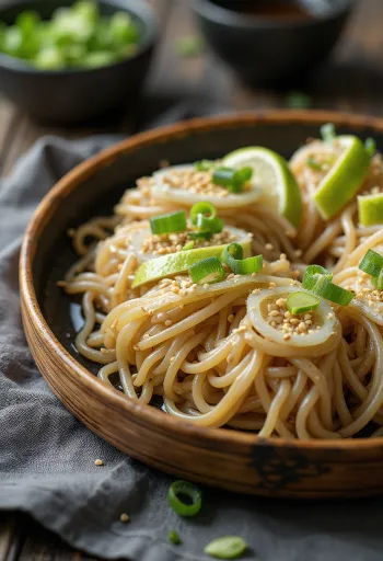 Zaru soba served with lime, soy sauce, and sesame seeds