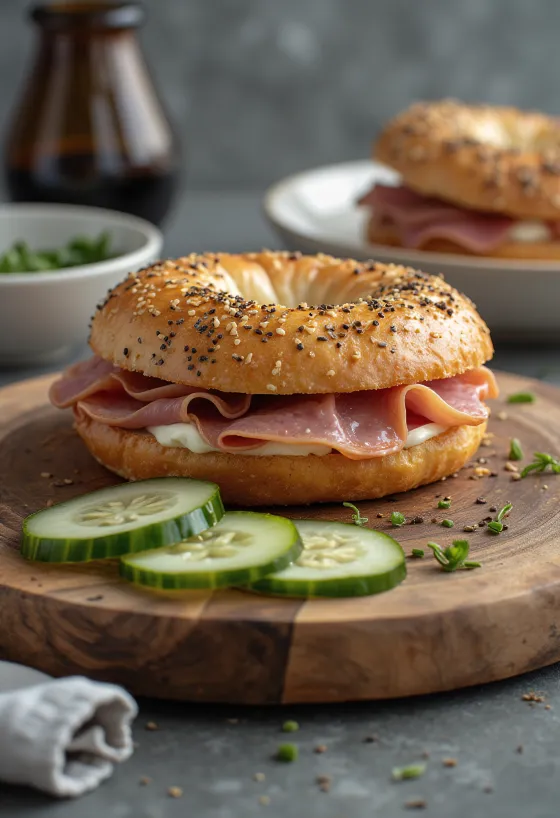Bagel sandwich with smoked ham, cream cheese, and cucumber slices