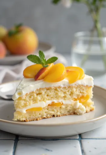 Peach mascarpone cake served