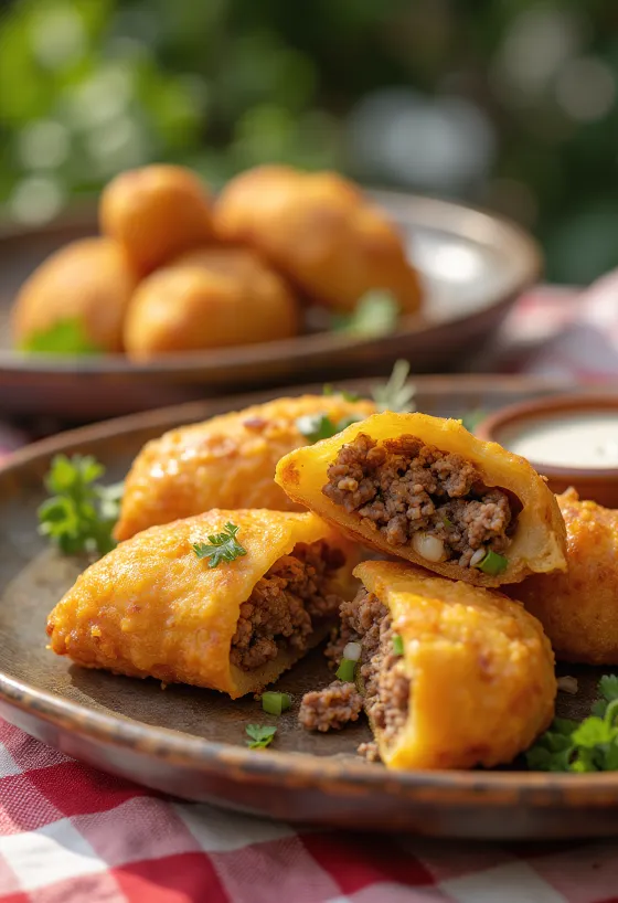 Golden brown Carimañola stuffed with ground beef