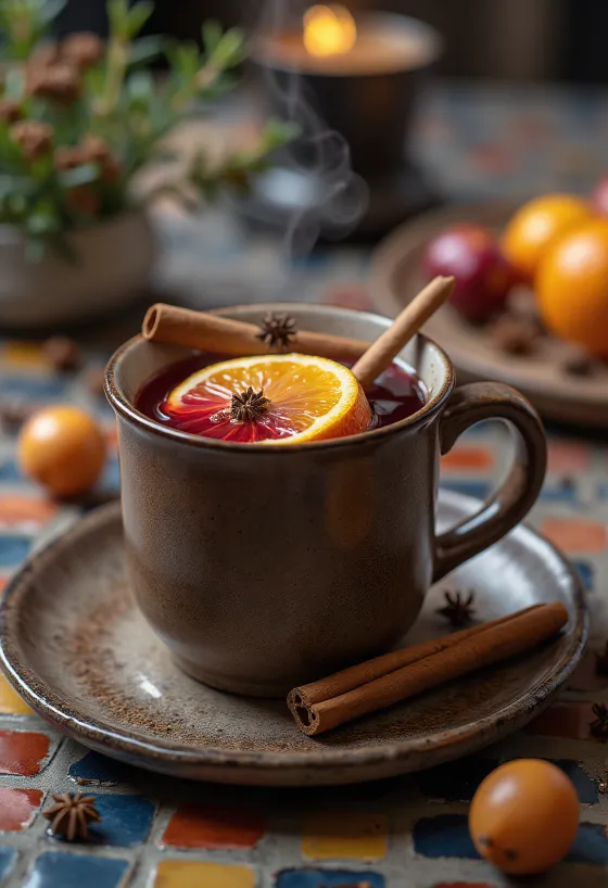 Mulled wine served with orange slice and cinnamon