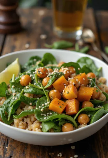 Spiced chickpea Buddha bowl served with fresh vegetables