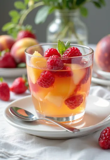 Colorful fruit jelly layered with fresh fruit pieces, served in transparent gelatin